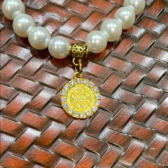 Gold St. Benedict and Atocha White Pearl Bracelet with Decorative Charm - Picture 3 of 4